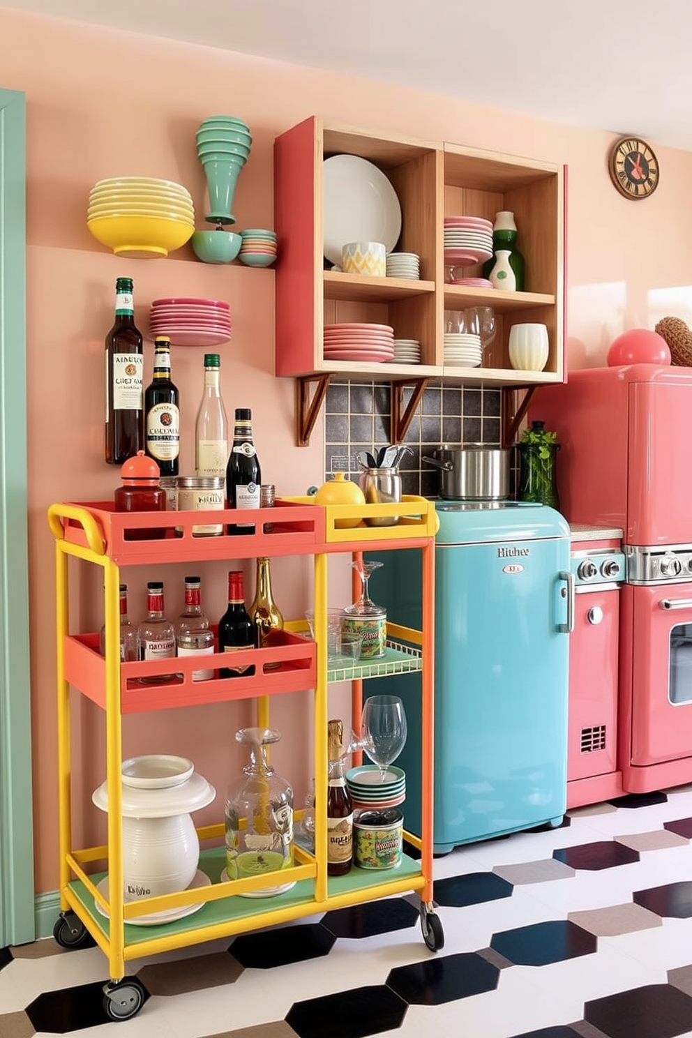 Brightly colored bar carts for extra storage. The carts are made of metal and wood, featuring vibrant hues like teal, yellow, and coral, with multiple shelves for bottles and glassware. Retro kitchen design ideas. The kitchen showcases vintage appliances in pastel colors, checkerboard flooring, and open shelving displaying colorful dishware and retro decor.