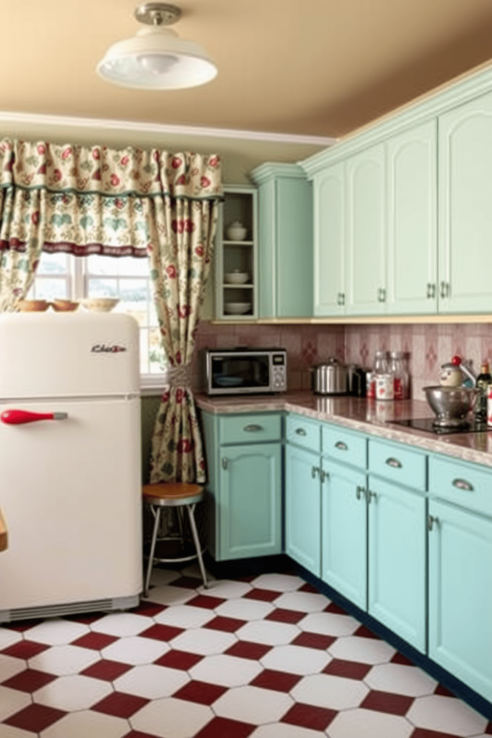 A charming retro kitchen design featuring patterned curtains that add a touch of whimsy. The kitchen includes pastel-colored cabinets, a vintage-style refrigerator, and a classic checkered floor that enhances the nostalgic feel.