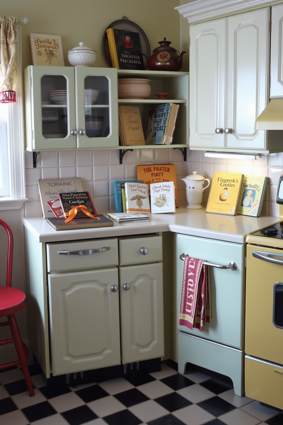 A charming retro kitchen setting featuring vintage cookbooks artfully displayed on the countertops. The cabinetry is painted in a soft pastel color, complemented by checkerboard flooring and retro appliances.