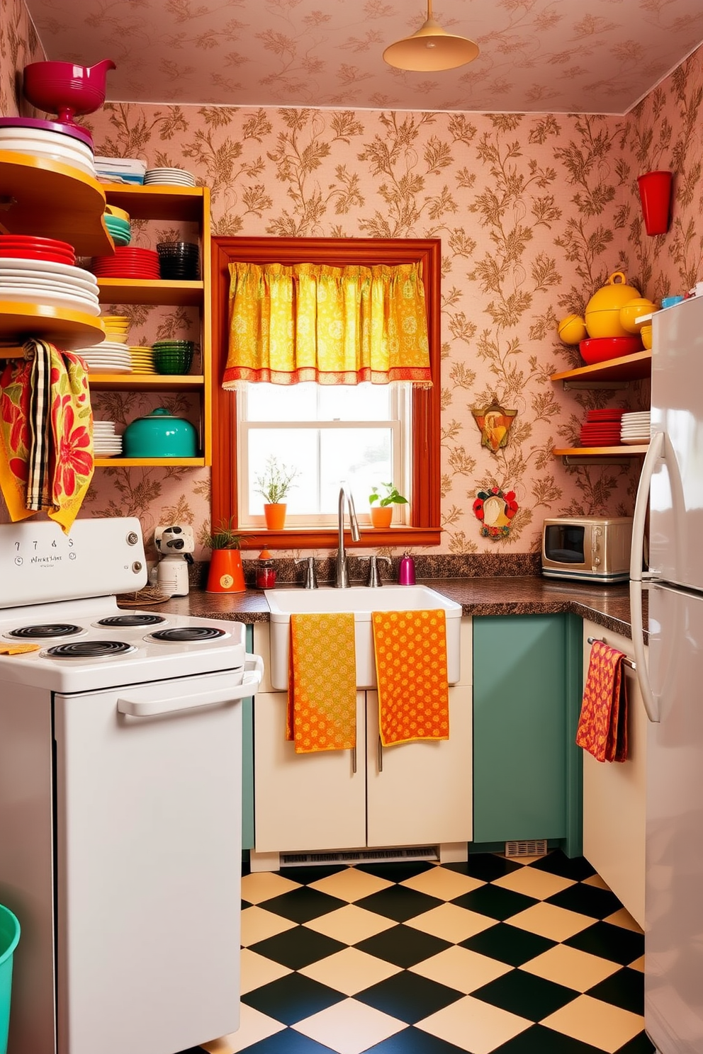 A charming retro kitchen showcases vibrant dish towels and linens featuring bold patterns and colors. The space is filled with vintage appliances, a checkered floor, and open shelving displaying colorful dishes and glassware. The walls are adorned with playful wallpaper that complements the cheerful textiles. A classic farmhouse sink sits beneath a window, allowing natural light to illuminate the inviting atmosphere.