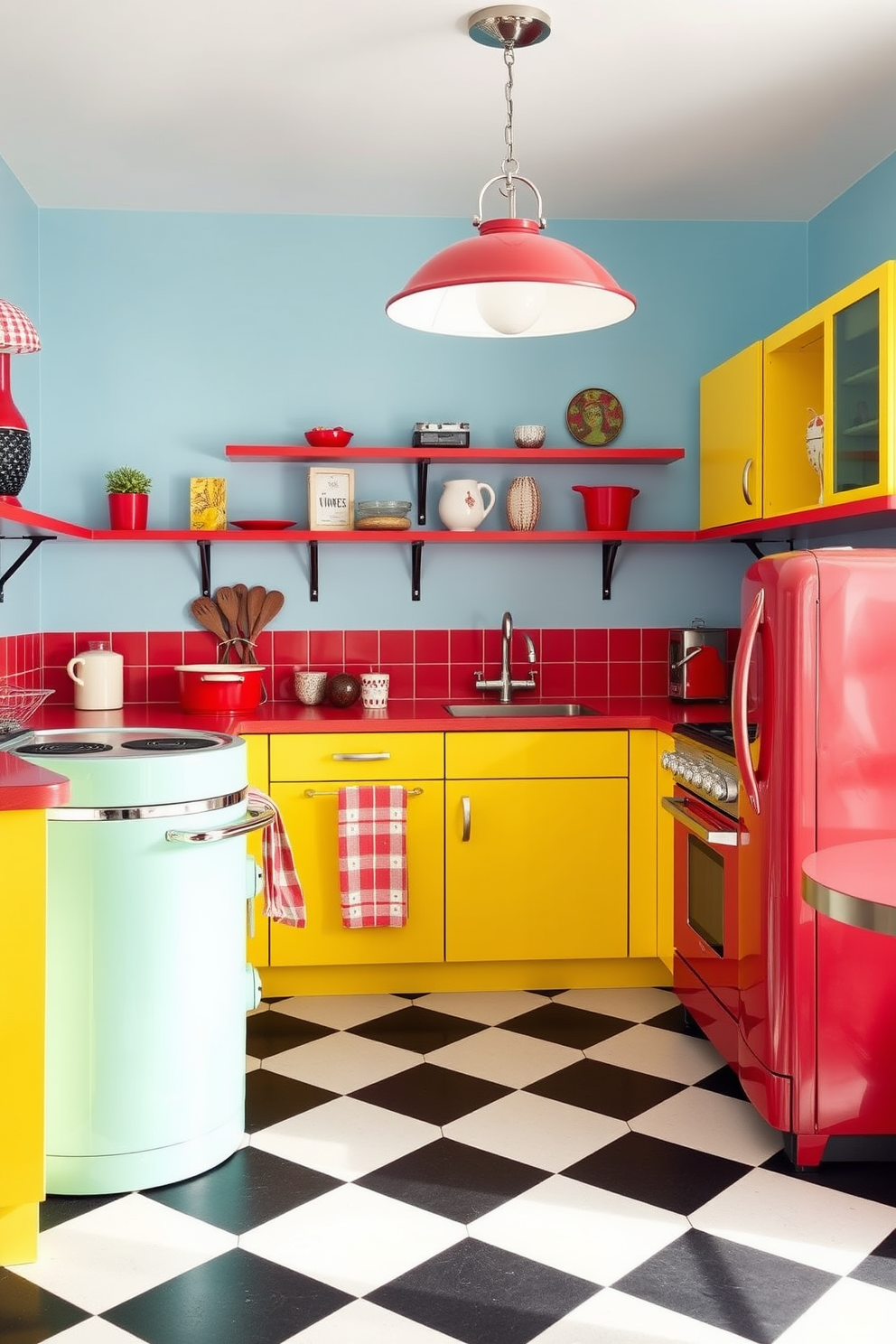 A vibrant kitchen setting inspired by 1950s retro design. The walls are painted in a soft pastel blue, complemented by bright yellow cabinetry and red accents throughout the space. A classic checkered black and white floor adds a playful touch. Vintage appliances in mint green and cherry red enhance the nostalgic feel of the kitchen.