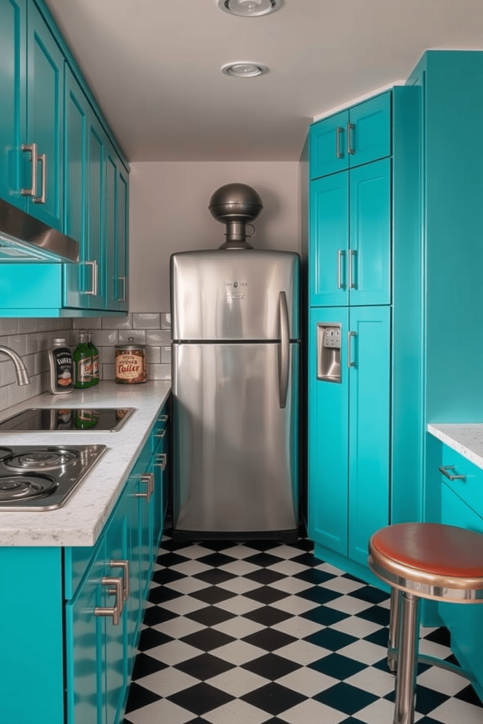 A retro kitchen filled with vibrant colors and metal accents. The cabinets are painted in a bright turquoise with brushed nickel handles, and a vintage chrome refrigerator stands proudly against the wall. The countertops are made of white quartz with flecks of silver, complementing the metallic elements. A classic checkered floor in black and white adds to the nostalgic charm of the space.