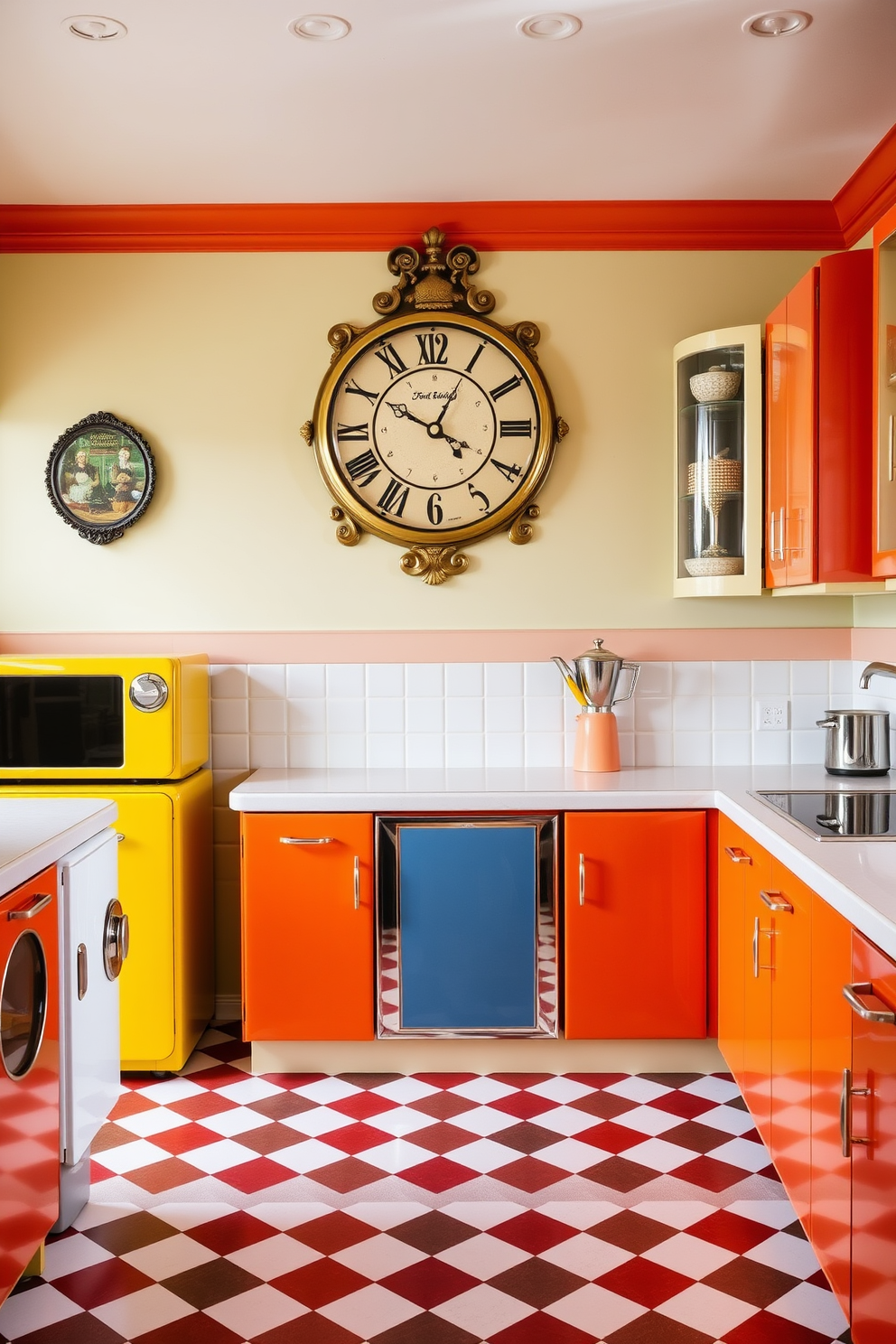 A vintage-inspired clock with a classic look hangs prominently on the wall. Its ornate design features intricate detailing and a polished finish that adds charm to the space. The retro kitchen design incorporates bold colors and playful patterns. Checkerboard flooring complements the bright cabinetry, while vintage appliances complete the nostalgic aesthetic.