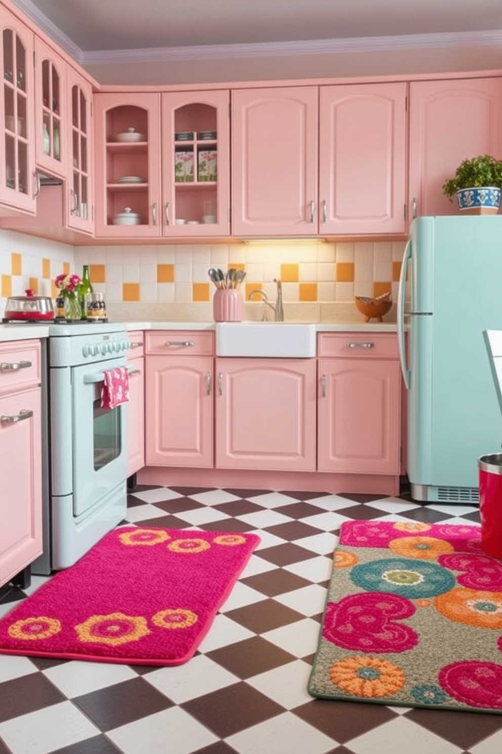 Brightly colored kitchen mats for comfort. The mats are designed with vibrant patterns and textures, adding a cheerful touch to the kitchen space. Retro kitchen design ideas. The kitchen features classic appliances in pastel colors, complemented by checkered flooring and vintage-style cabinets for a nostalgic feel.