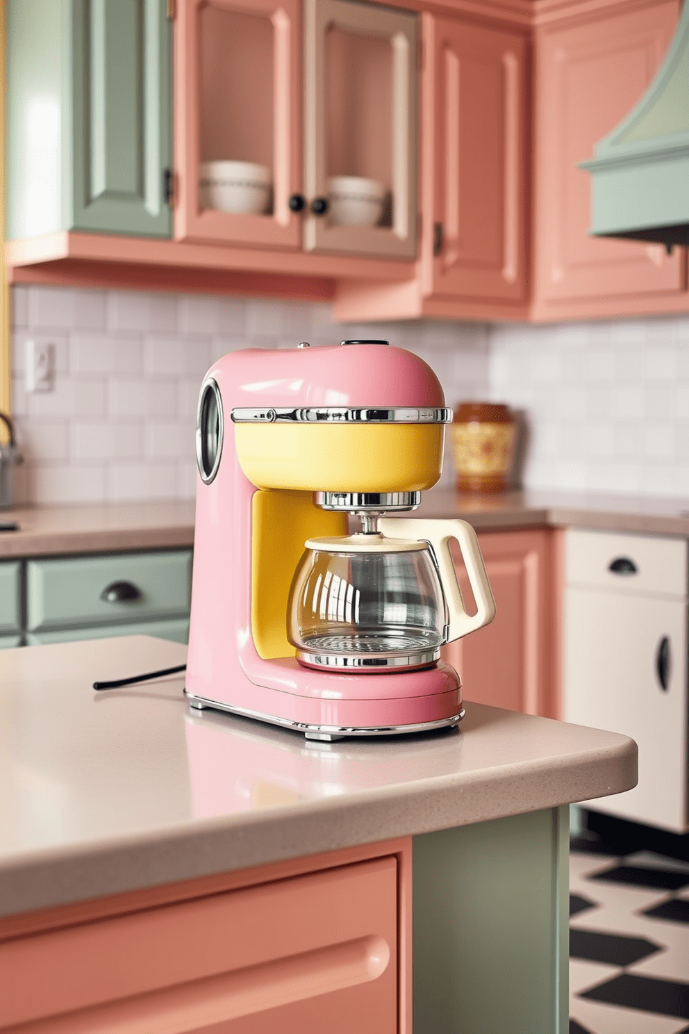 A retro-style coffee maker sits prominently on the countertop, showcasing its vibrant colors and sleek design. The kitchen features classic checkered flooring and pastel-colored cabinets, creating a nostalgic atmosphere that invites warmth and comfort.