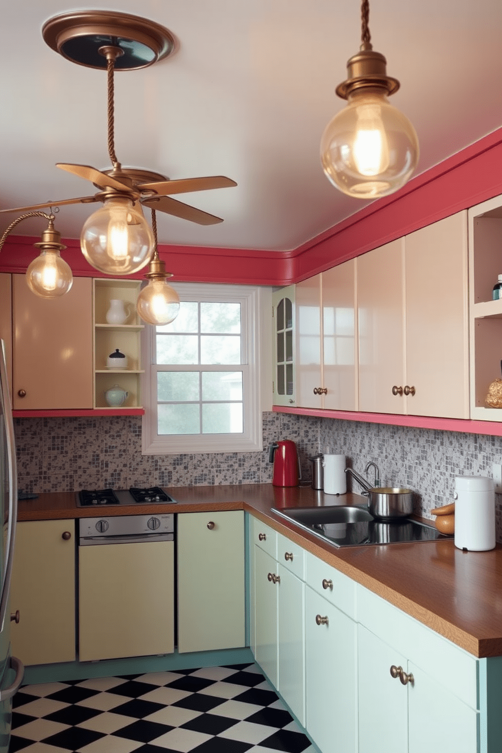 A retro kitchen design featuring unique light fixtures with a vintage flair. The space is filled with pastel-colored cabinets and a checkered floor, creating a nostalgic atmosphere.