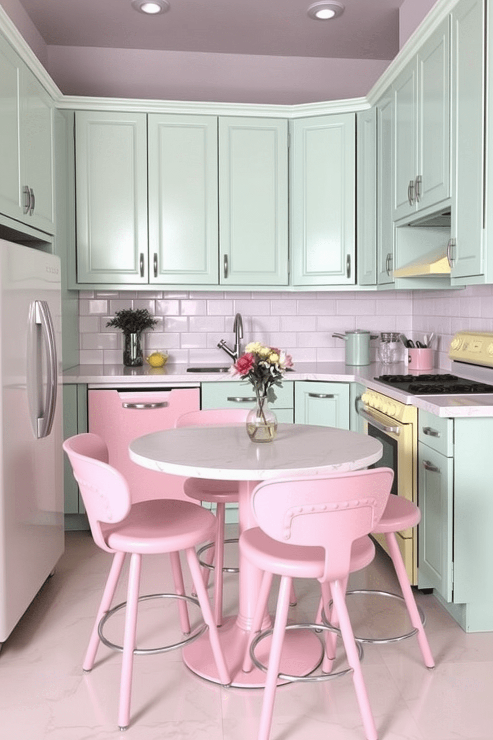 A retro kitchen featuring pastel-colored appliances that evoke a sense of nostalgia. The cabinets are painted in soft mint green, complemented by a pale pink refrigerator and a light yellow stove. The countertops are made of white quartz with subtle veining, providing a clean and bright surface. Vintage-inspired bar stools in pastel hues are arranged around a round dining table, creating a cozy breakfast nook.