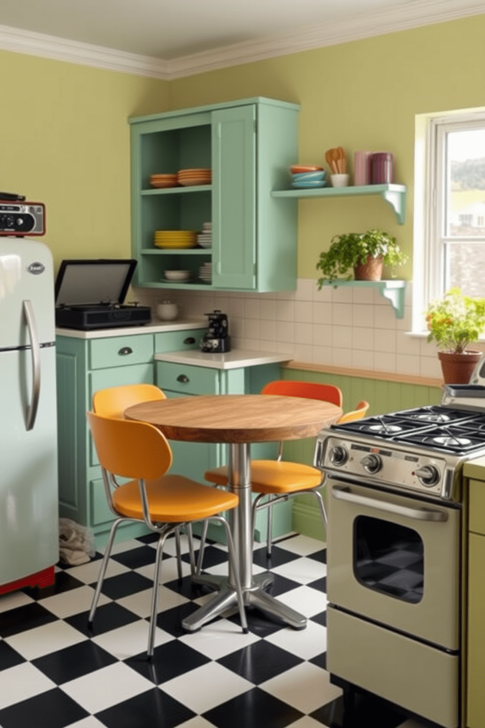 A charming retro kitchen setting with a vibrant color palette featuring mint green cabinets and a classic checkered black and white floor. In the corner, a vintage record player adds ambiance, while a round wooden dining table is surrounded by colorful chairs. The kitchen is equipped with a retro-style refrigerator and a classic stove with rounded edges. Open shelving displays colorful dishware, and a potted herb garden sits on the windowsill, bringing life to the space.