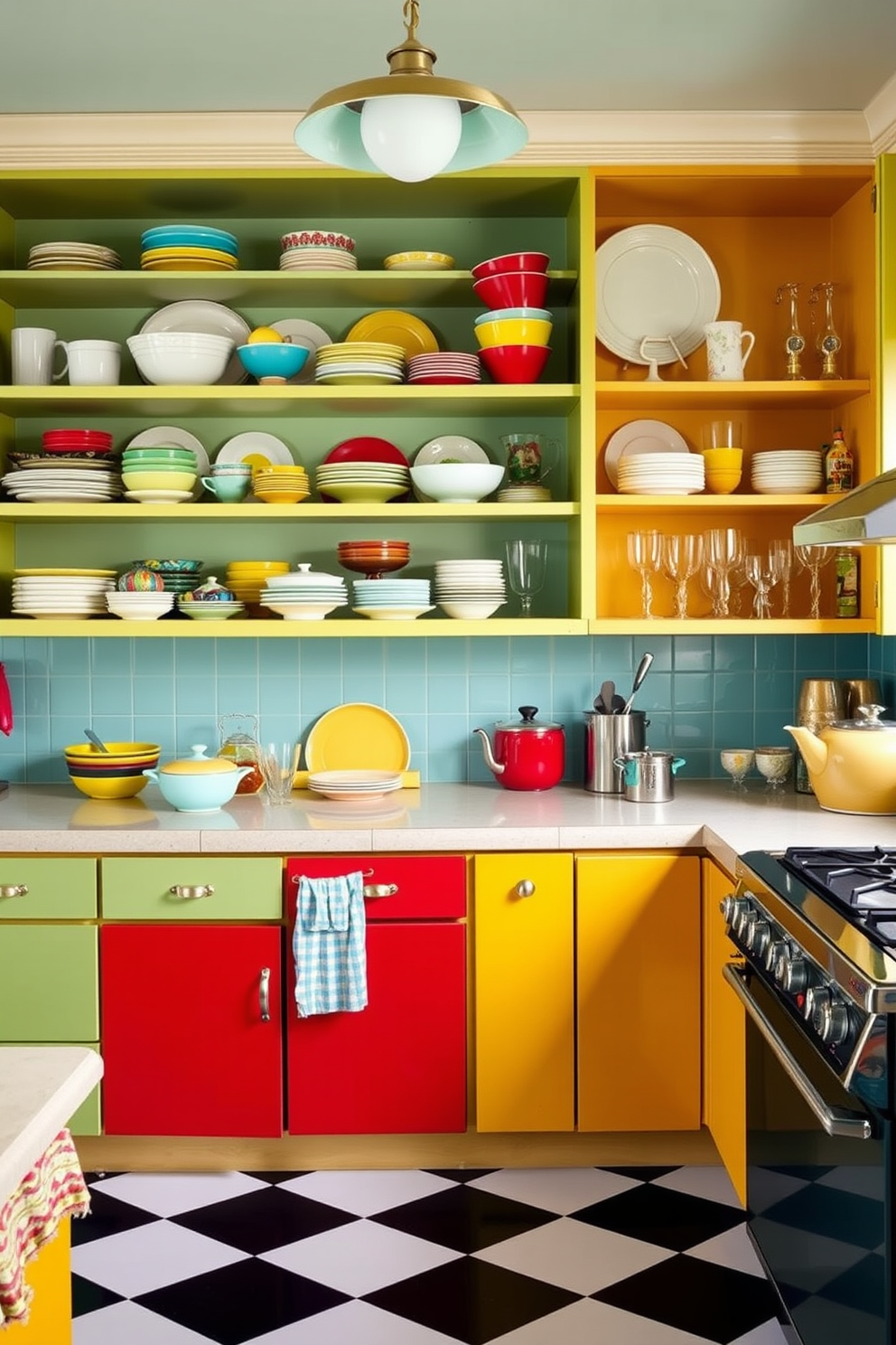 Open shelves displaying retro dishware in a vibrant kitchen. The shelves are filled with colorful plates, bowls, and vintage glassware, creating a nostalgic atmosphere. The kitchen features a classic checkered floor in black and white. Brightly painted cabinets complement the retro dishware, enhancing the overall charm of the space.