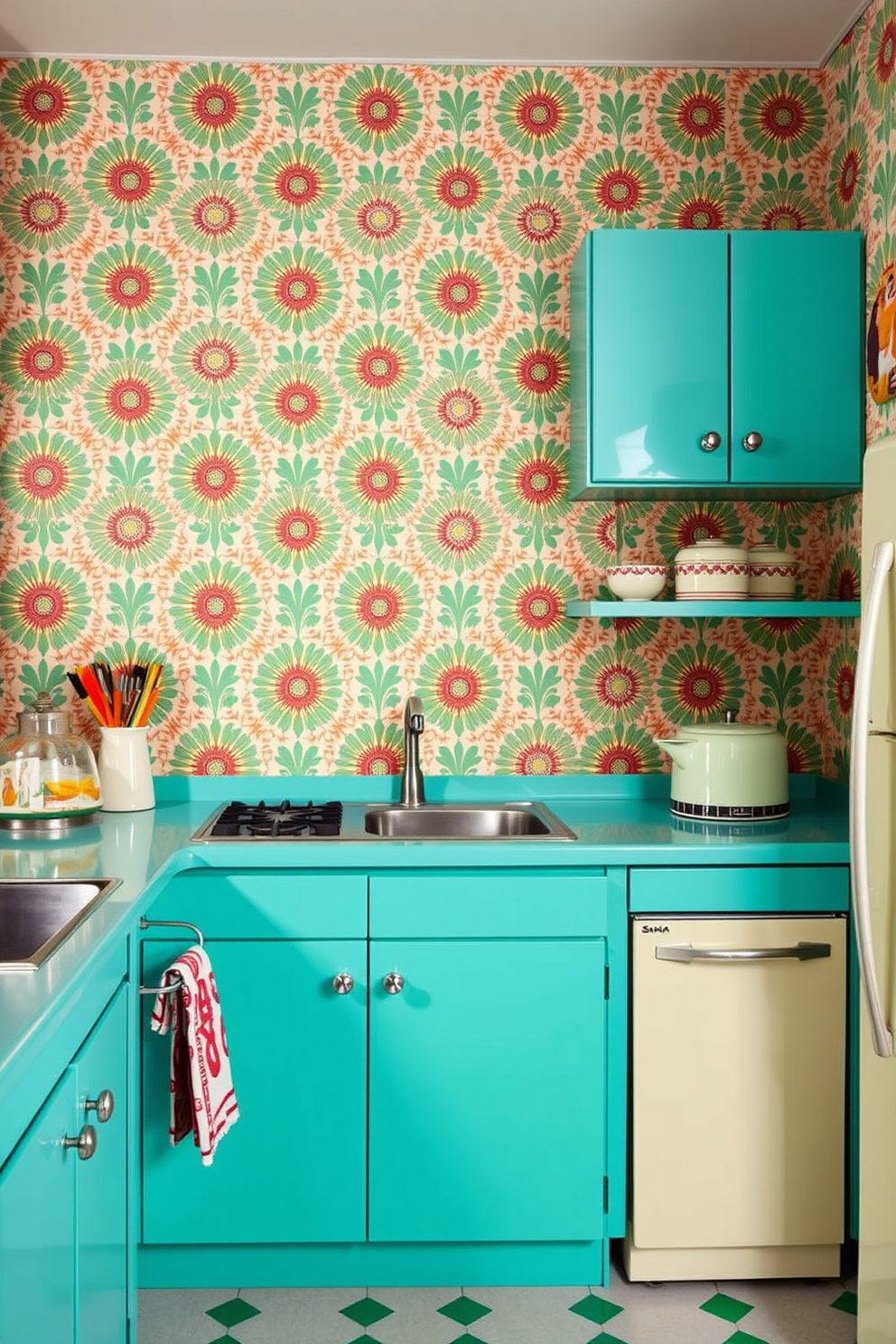 A vibrant retro kitchen featuring bold wallpaper adorned with geometric patterns. The cabinetry is painted in a bright turquoise, complemented by vintage-style appliances in creamy white.