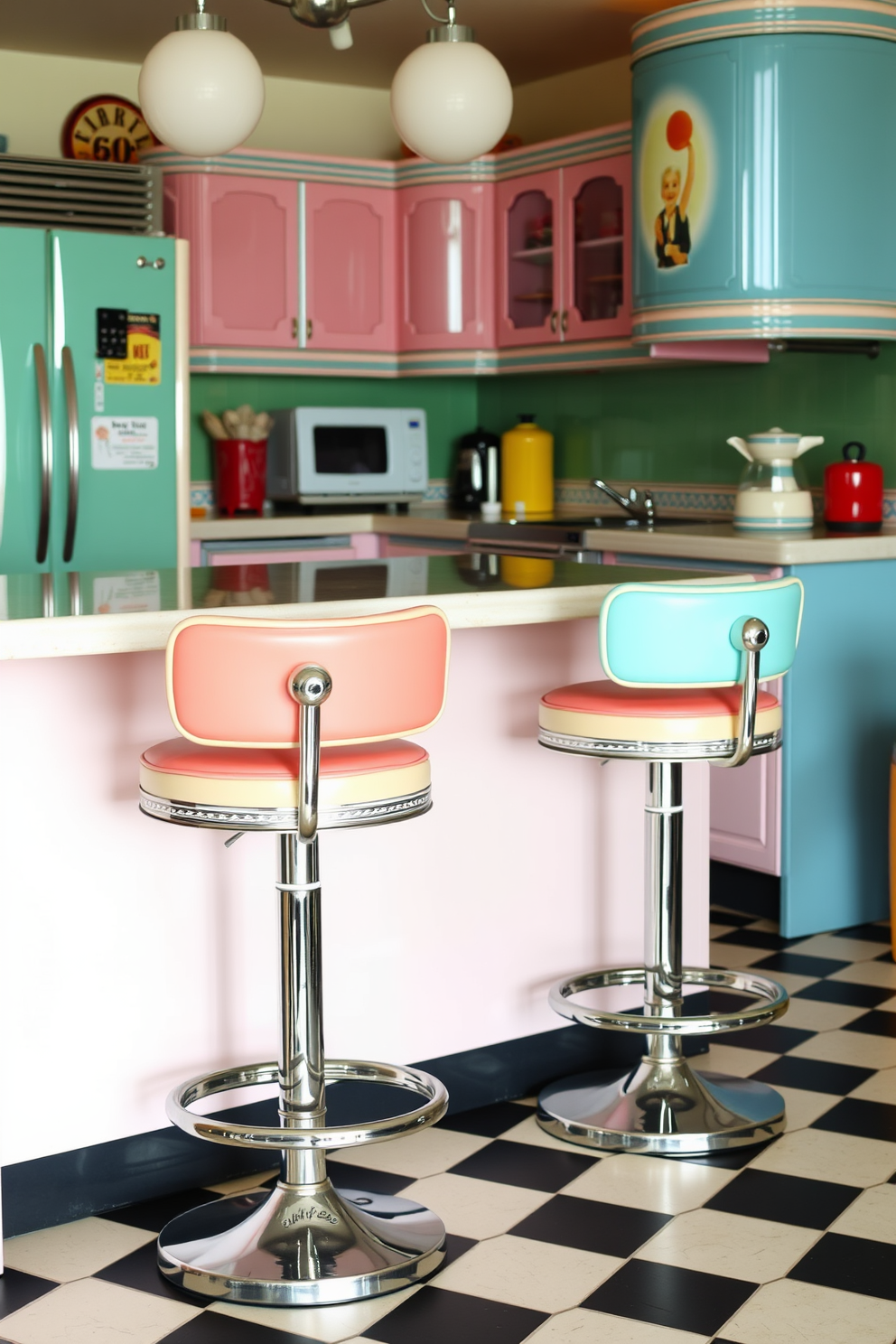 A retro kitchen featuring vintage diner-style bar stools with chrome accents and colorful vinyl upholstery. The kitchen has a checkered floor, retro appliances in pastel colors, and a classic diner counter with a glossy finish.