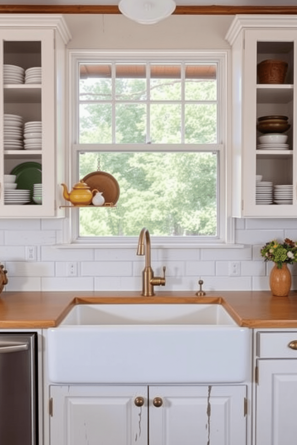 A classic farmhouse sink with a retro vibe is the centerpiece of this kitchen. The sink is complemented by vintage-style brass fixtures and surrounded by open shelving filled with rustic dishware. The cabinetry features a distressed white finish, adding to the farmhouse charm. A large window above the sink allows natural light to flood the space, highlighting the warm wood accents and colorful farmhouse decor.