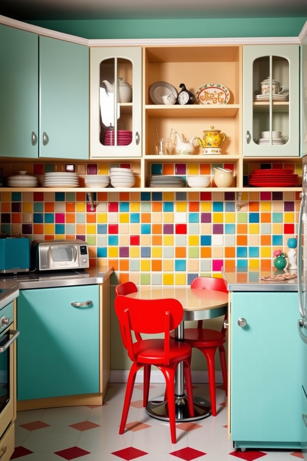 A retro kitchen setting featuring a bright and vibrant backsplash made of colorful tiles that create a striking contrast against the cabinetry. The kitchen includes vintage appliances, open shelving with decorative dishware, and a cozy breakfast nook with a round table and colorful chairs.