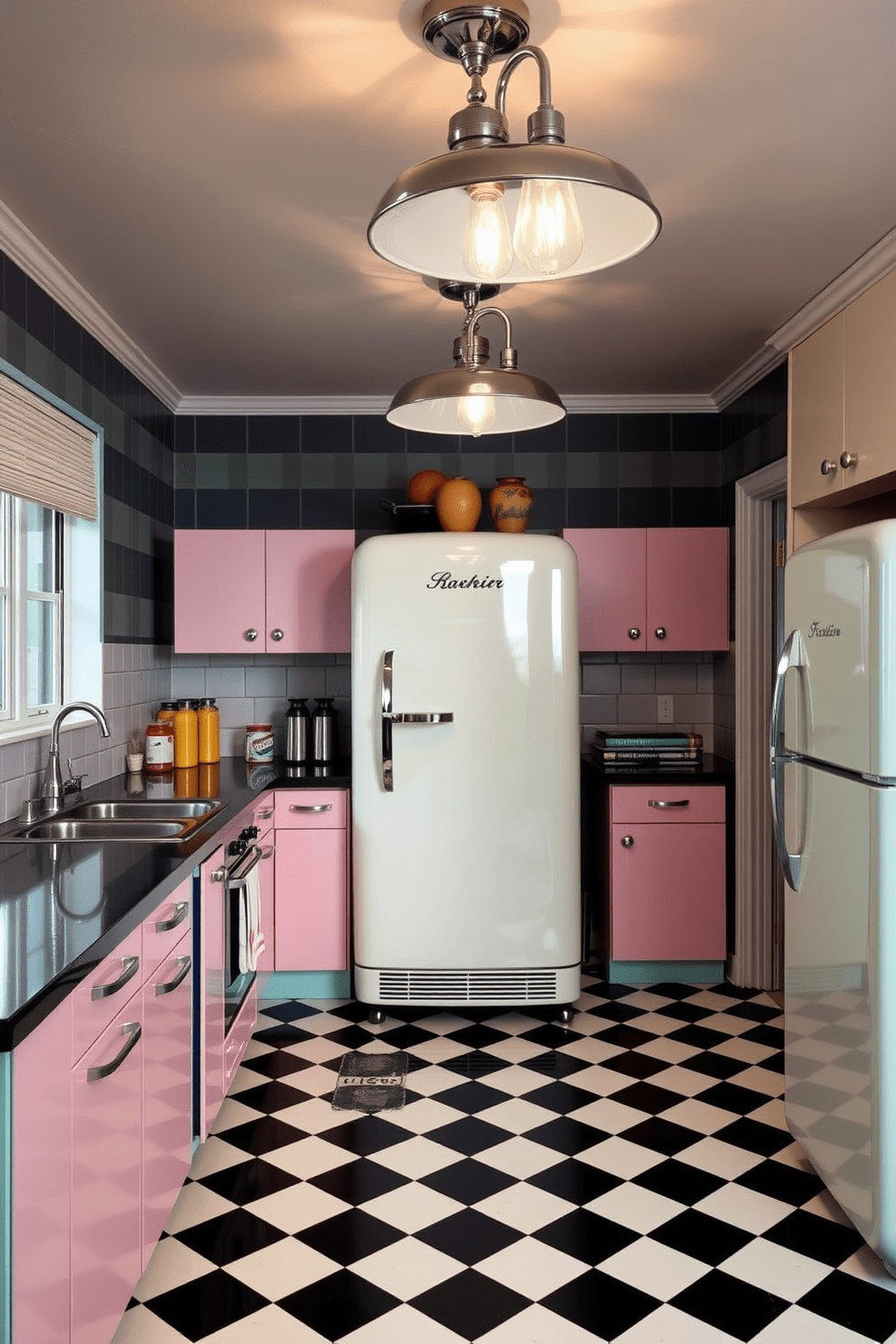 A retro kitchen design featuring vintage-inspired lighting fixtures with chrome accents. The space includes a classic checkered floor in black and white, complemented by pastel-colored cabinets and a retro refrigerator.