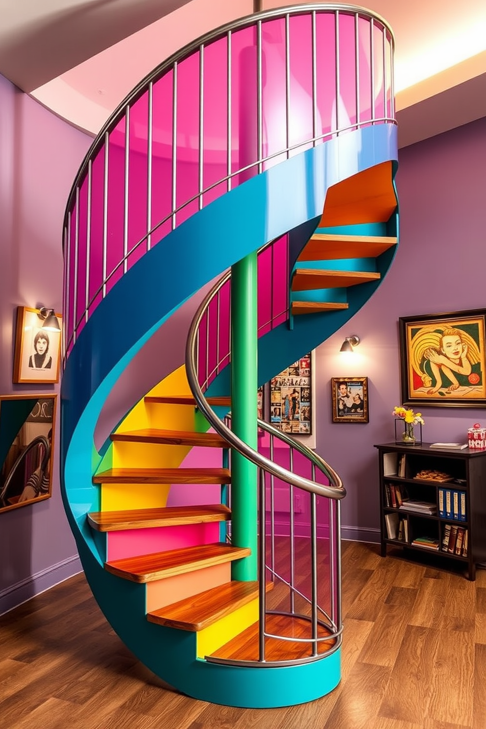 A stunning spiral staircase featuring vibrant hues that create a striking focal point in the room. The staircase is crafted with a sleek metal frame and wooden treads, showcasing a seamless blend of modern and retro design elements. The walls surrounding the staircase are adorned with eclectic artwork that complements the bold colors of the staircase. Soft lighting illuminates the space, enhancing the playful atmosphere and inviting guests to explore further.