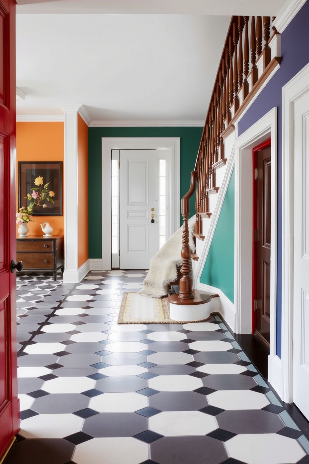 Classic checkerboard tile at landing. The black and white tiles create a striking visual contrast, enhancing the elegance of the space. Retro staircase design ideas. Curved wooden balusters and a vintage runner add charm, while bold colors on the walls create a lively atmosphere.