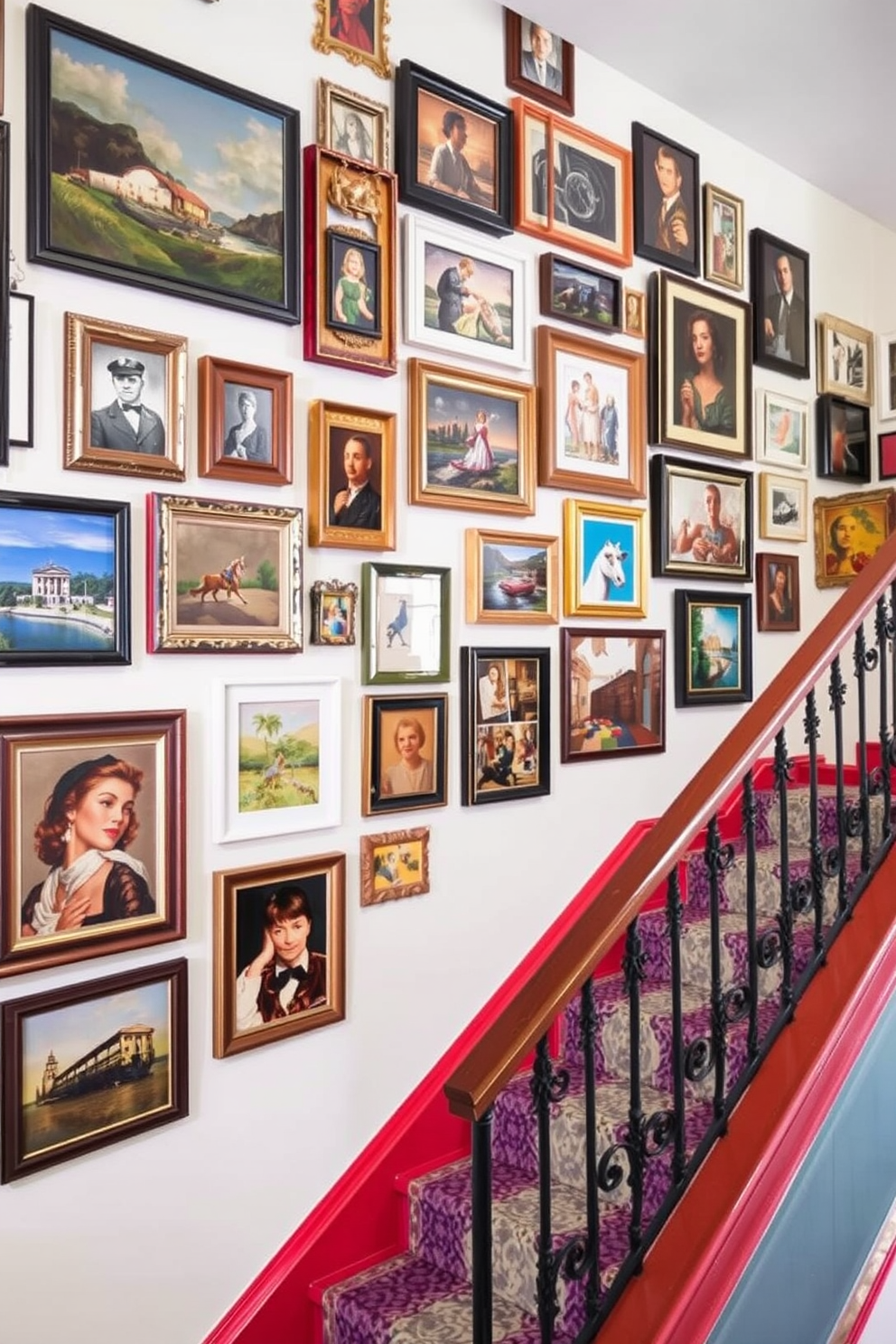 A stunning staircase gallery wall adorned with an eclectic mix of vintage art pieces. The wall features a variety of frames in different sizes and finishes, showcasing paintings, photographs, and prints that create a visually captivating display. The staircase itself boasts a retro design with bold colors and unique patterns. The railing is made of wrought iron, adding a touch of elegance and charm to the overall aesthetic.