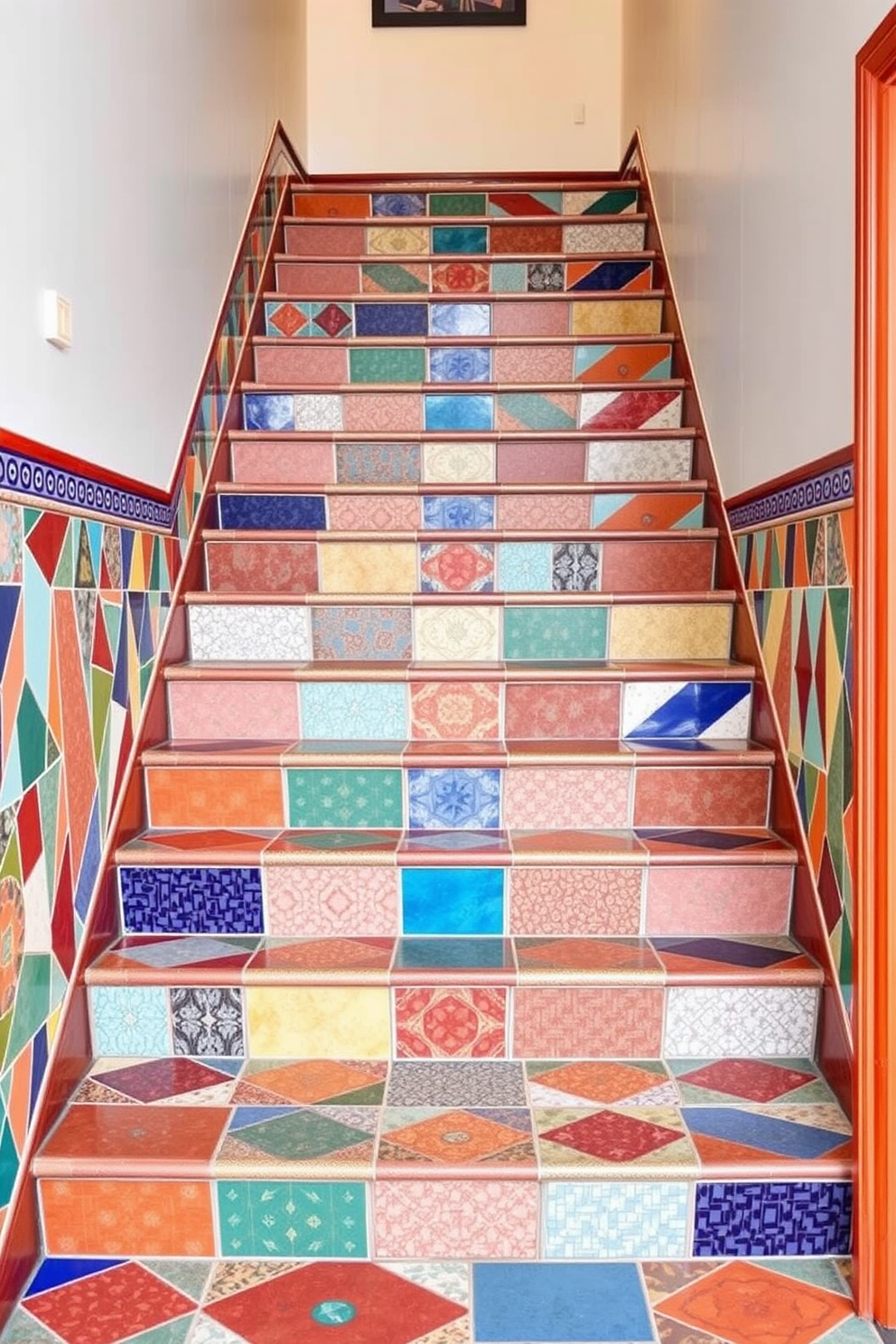 A vibrant staircase adorned with colorful mosaic tiles creates a stunning visual impact. The retro design features bold patterns and hues that complement the overall aesthetic of the space.