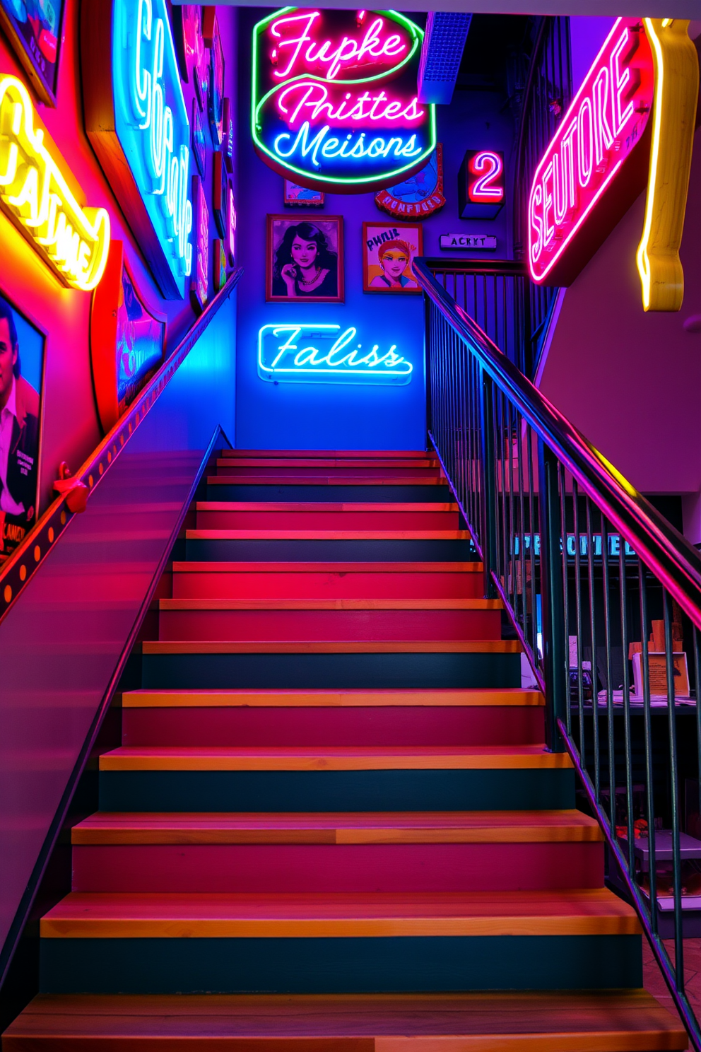 A vibrant staircase adorned with retro neon signs that illuminate the space with a playful glow. The stairs are designed with a mix of vintage wood and modern metal railings, creating a striking contrast that enhances the nostalgic atmosphere.