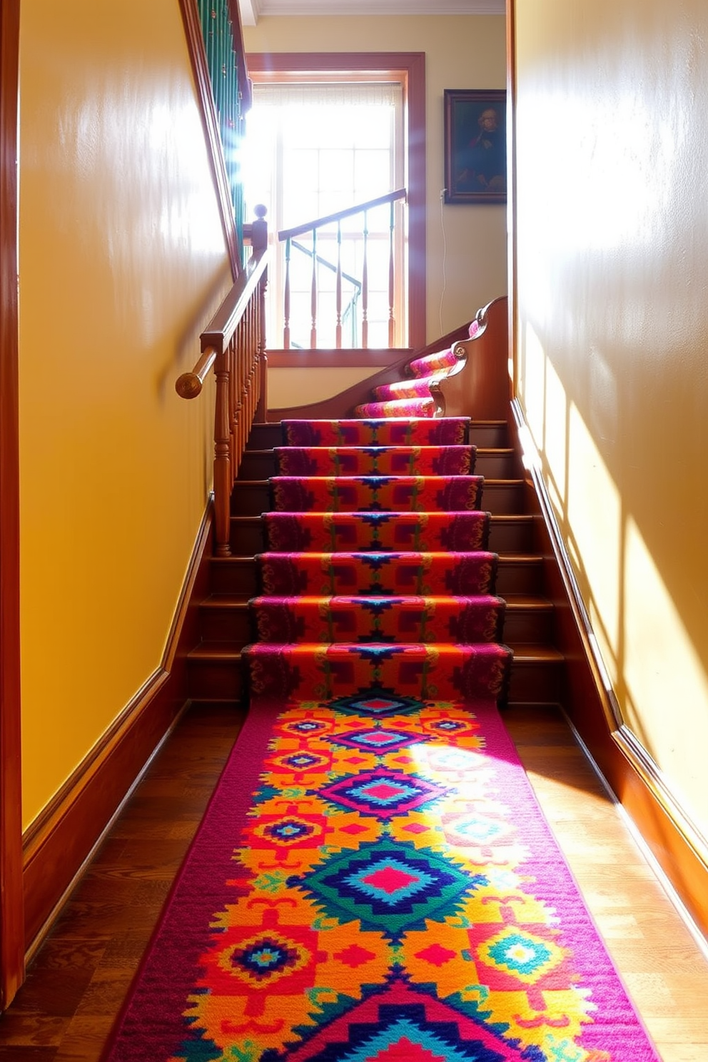 A vibrant funky patterned carpet runner stretches down a retro staircase, adding a playful touch to the space. The staircase features bold colors and geometric shapes, creating a striking visual contrast against the surrounding walls. The runner's eclectic design complements the vintage railings and wooden steps, inviting creativity and warmth into the home. Sunlight streaming through a nearby window highlights the unique patterns, making the staircase a focal point of the interior.