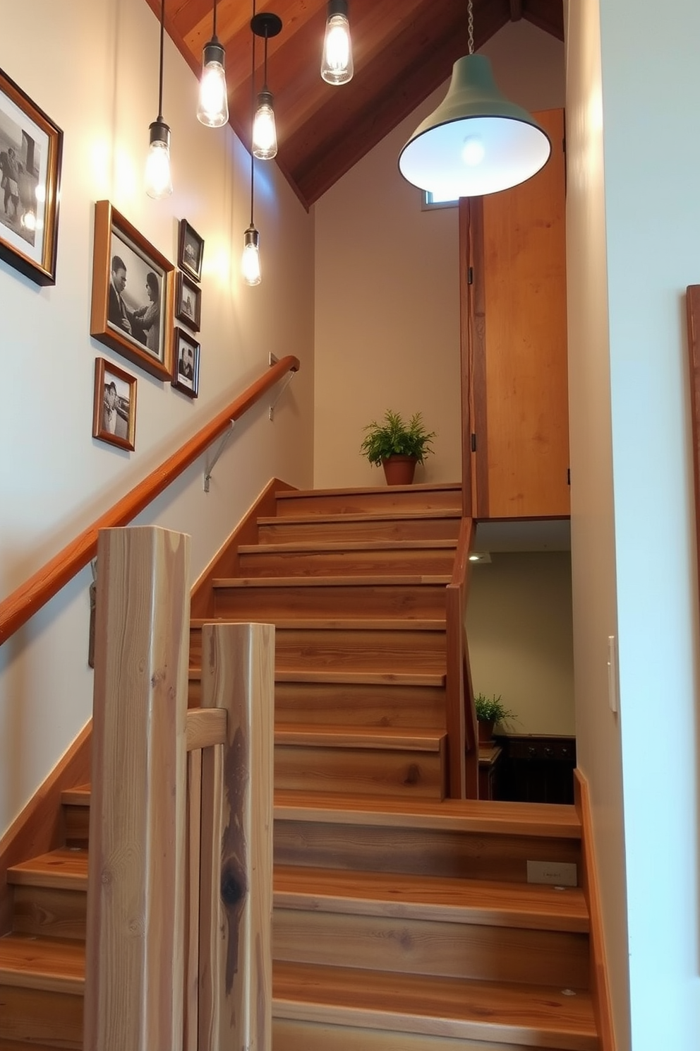 A reclaimed wood staircase with a rustic charm features wide treads and a sturdy railing made from the same weathered wood. The staircase is illuminated by soft pendant lights that hang from the ceiling, casting a warm glow over the natural textures of the wood. The walls alongside the staircase are adorned with vintage photographs in mismatched frames, adding a personal touch to the design. A small potted plant sits on the landing, bringing a hint of greenery to the inviting space.