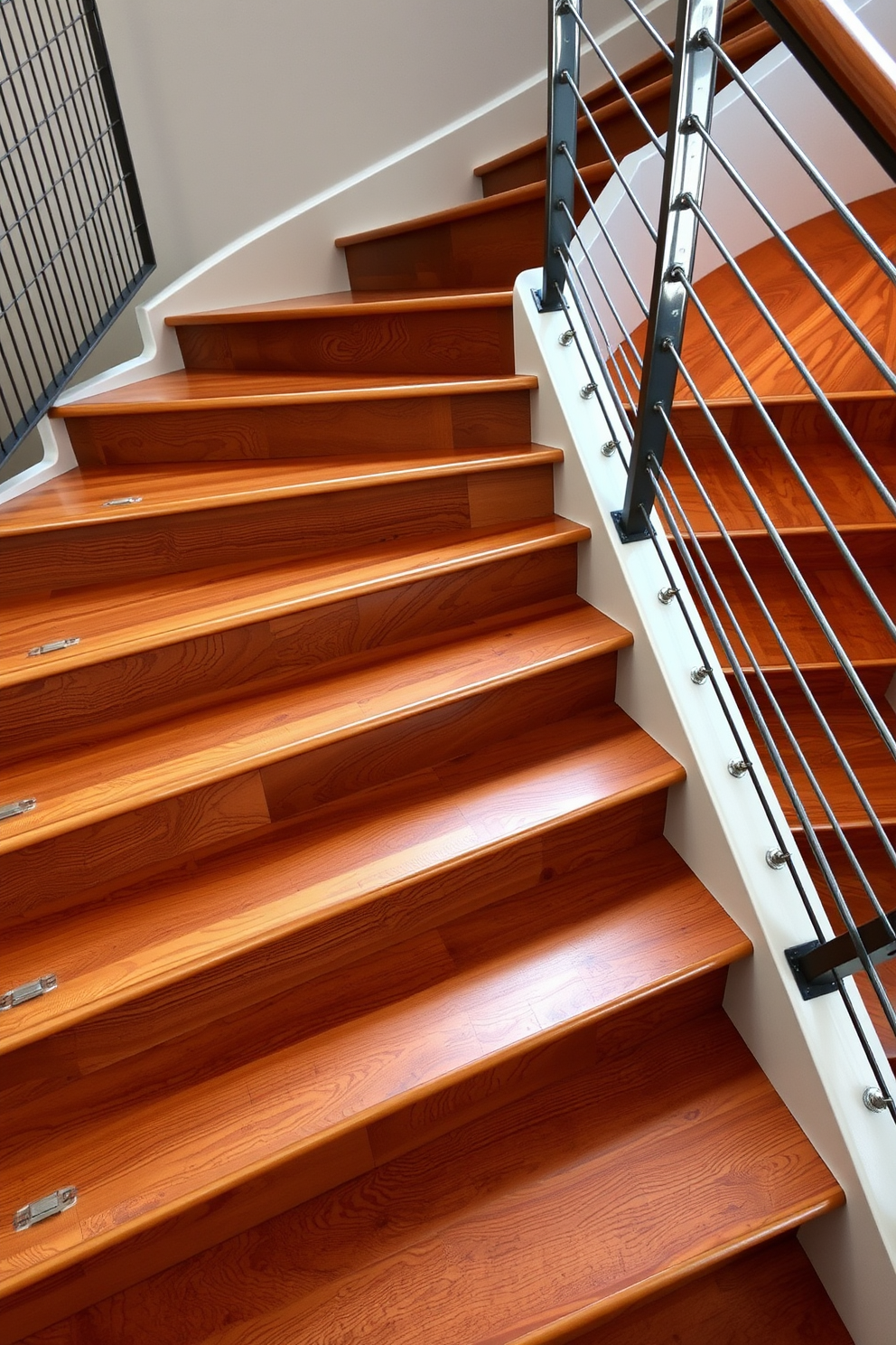 A stunning retro staircase featuring wooden treads that showcase rich grain patterns. The metal railings have a sleek industrial design, adding a modern touch to the classic aesthetic.