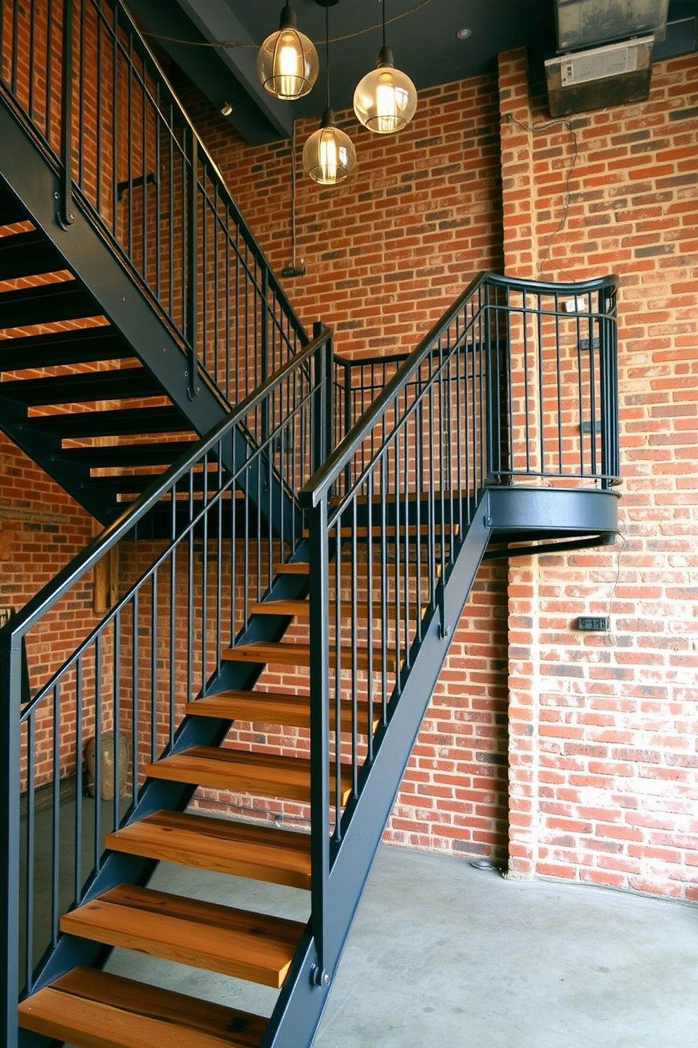 An industrial metal staircase features sleek steel railings and a sturdy metal frame. Wooden treads add warmth and contrast, creating a striking visual appeal. The staircase is illuminated by pendant lights that hang from the ceiling above. Exposed brick walls and concrete floors enhance the retro industrial vibe of the space.