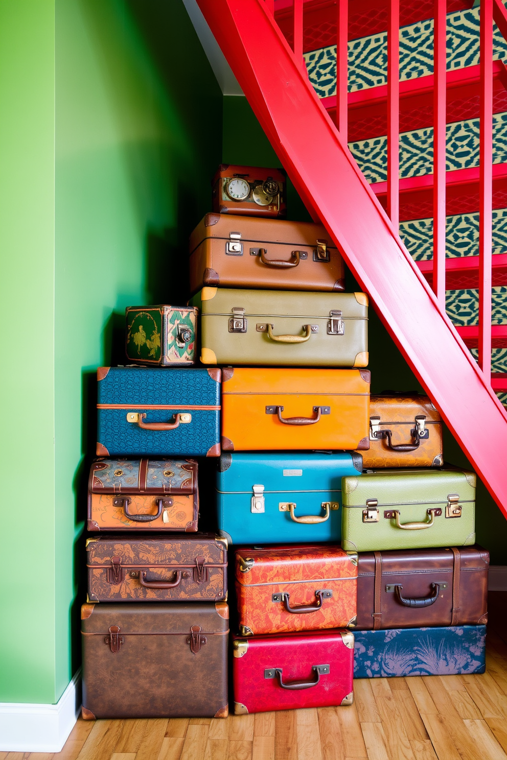 A collection of vintage suitcases stacked creatively under a staircase. The suitcases are in various colors and textures, showcasing their unique character and history. The staircase features a retro design with bold colors and geometric patterns. The combination of the suitcases and the staircase creates a charming focal point in the space.