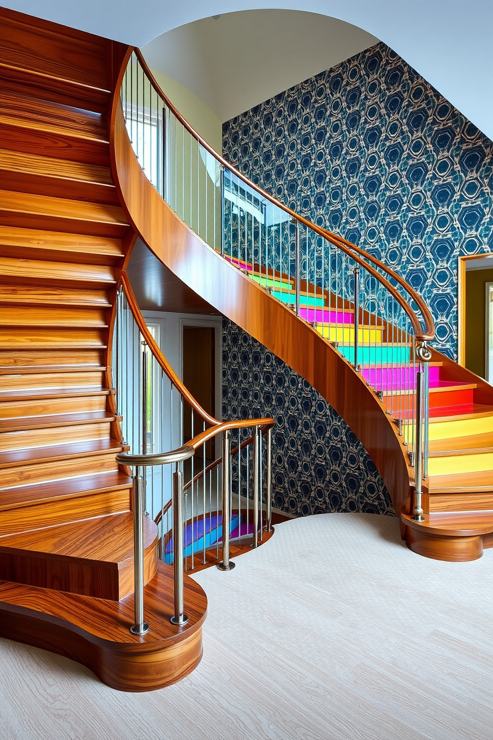 Sculptural staircase design for impact. A grand staircase with sweeping curves made of polished wood and glass railings creates a stunning focal point in the entryway. Retro staircase design ideas. A bold staircase featuring vibrant colored risers and a metal handrail evokes a playful mid-century modern aesthetic, complemented by geometric patterned wallpaper.