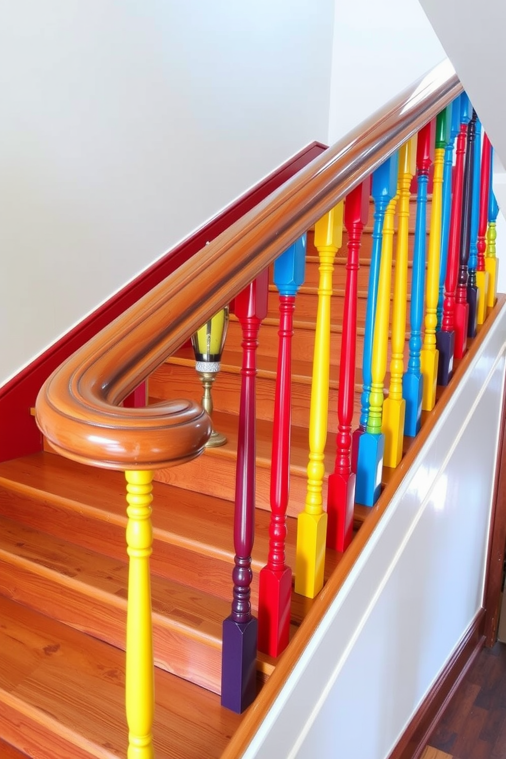 A vibrant staircase features colorful painted balusters in hues of red, blue, and yellow, creating a playful and inviting atmosphere. The steps are crafted from polished wood, contrasting beautifully with the lively colors of the balusters, which add a touch of whimsy to the retro design.