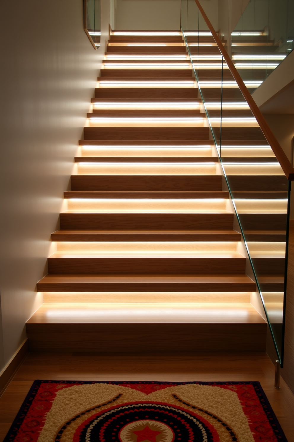 A stunning staircase design featuring floating steps made of rich mahogany wood. The steps are illuminated by soft LED lighting that highlights their edges, creating a warm and inviting atmosphere. The staircase is flanked by a sleek glass railing that enhances the modern aesthetic. Below, a stylish retro-inspired carpet runner adds a pop of color and texture, bridging contemporary and vintage elements.