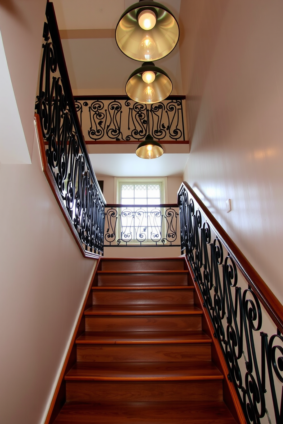 A stunning retro staircase featuring intricate wrought iron railings and polished wooden steps. Above, stylish retro pendant lights cast a warm glow, enhancing the vintage charm of the space.