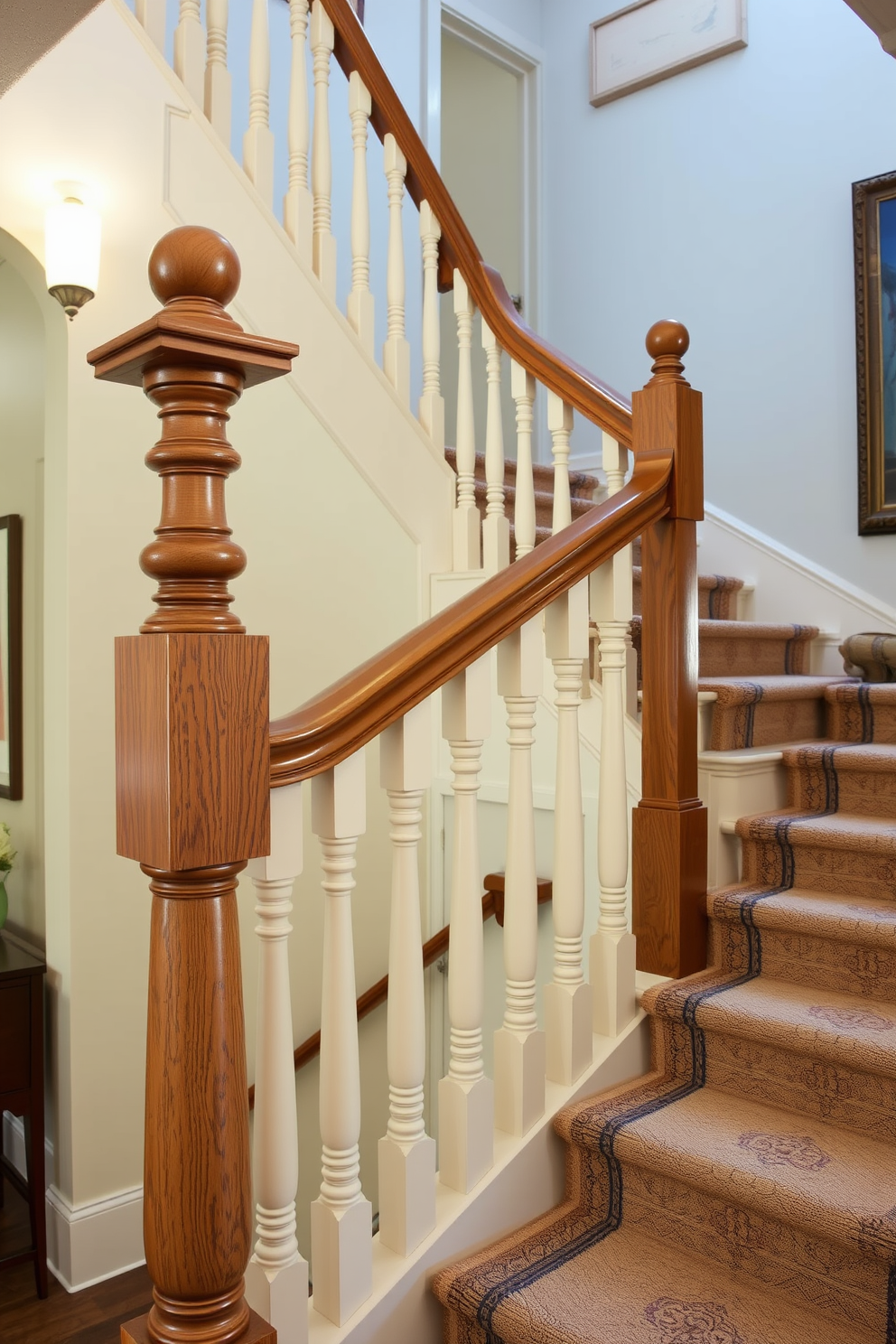 A stunning staircase featuring tapered newel posts that add a touch of elegance to the space. The staircase is adorned with a vintage runner that complements the retro design elements throughout the home. The balustrade showcases intricate detailing, enhancing the overall aesthetic of the staircase. Soft lighting from a nearby fixture highlights the beautiful craftsmanship of the tapered posts.