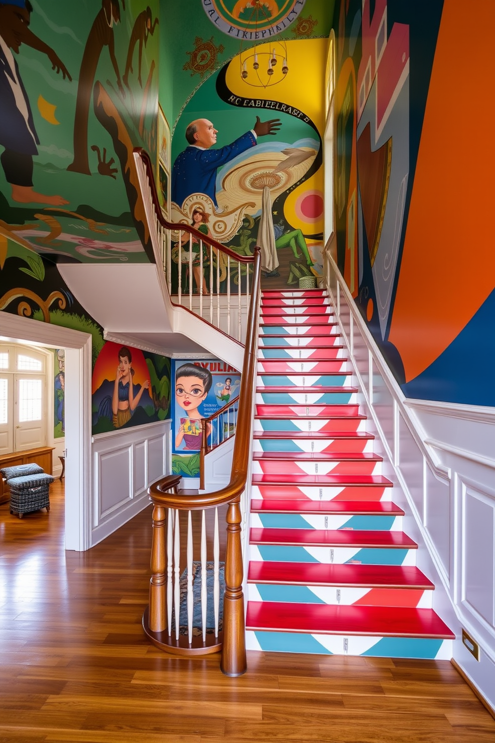 Artistic murals adorn the walls of a grand stairwell, showcasing vibrant colors and intricate designs that draw the eye upward. The staircase features a sleek wooden banister and a polished hardwood floor, creating a warm and inviting atmosphere. Retro staircase design ideas include bold geometric patterns and vintage-inspired railings that evoke a sense of nostalgia. The steps are painted in contrasting colors, adding a playful element to the overall aesthetic.