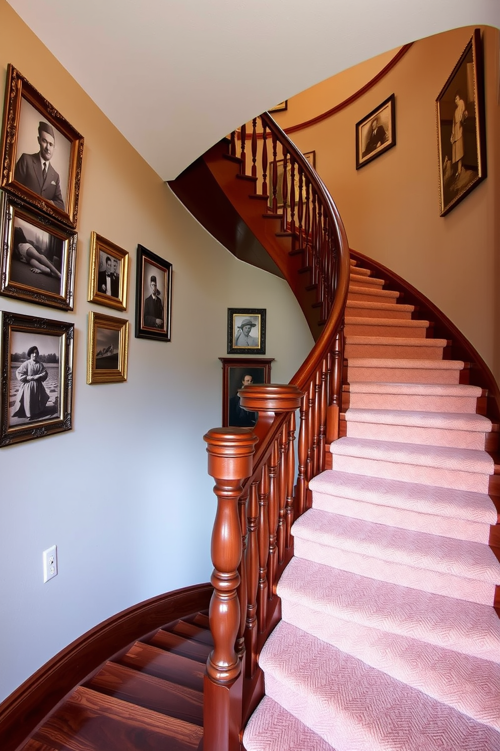 A unique stair shape featuring a spiral design that draws the eye upward. The staircase is crafted from rich mahogany with intricate balustrades and a soft carpet runner that adds warmth and texture. The walls adjacent to the staircase are adorned with vintage photographs in ornate frames. Soft, ambient lighting highlights the curves of the stairs, creating an inviting atmosphere.