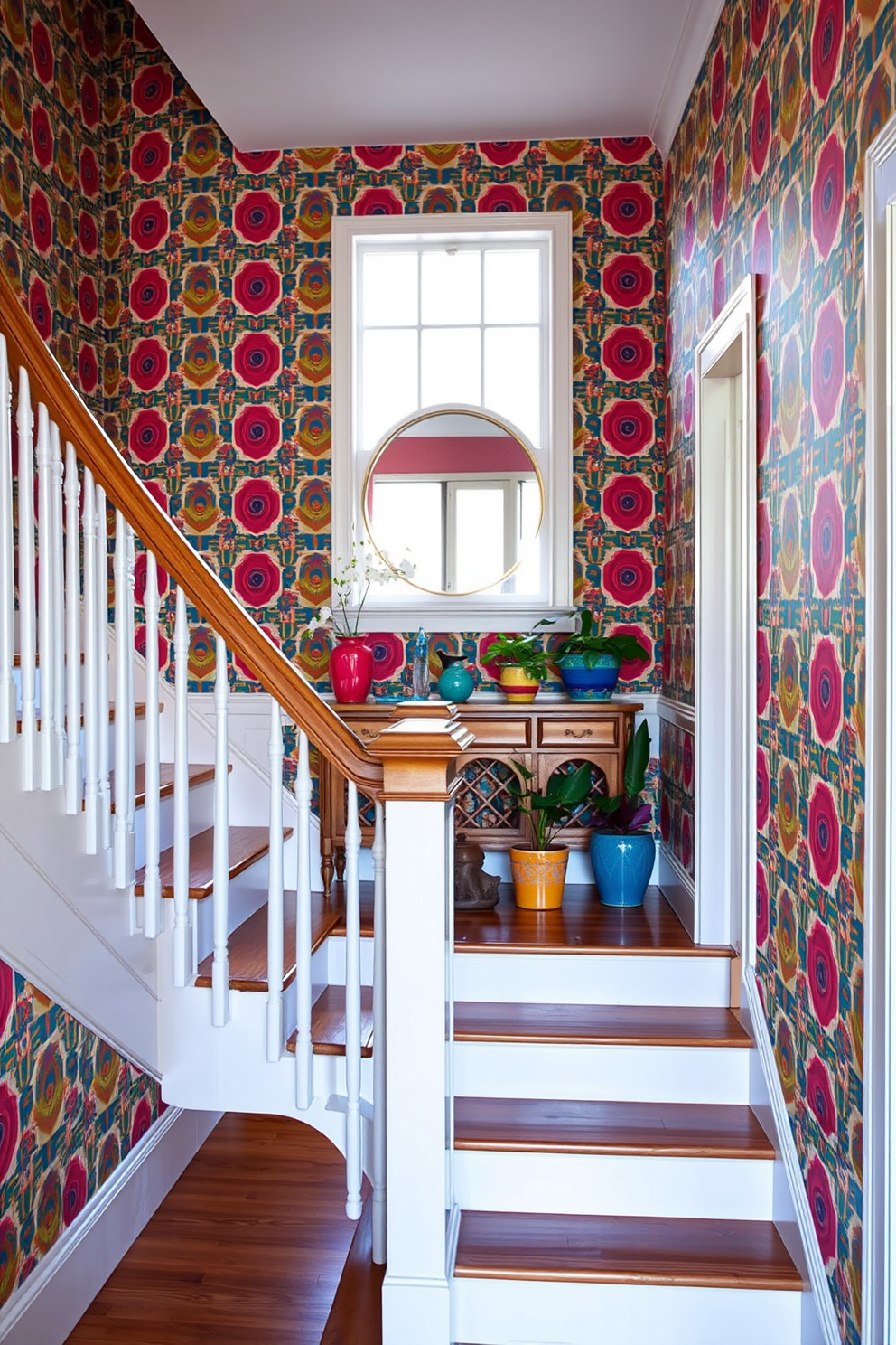 A charming staircase adorned with retro wallpaper featuring bold geometric patterns and vibrant colors. The wooden staircase has a polished finish, with white risers that contrast beautifully against the lively wallpaper. The landing area showcases a vintage console table with a round mirror above it. Potted plants in colorful ceramic pots add a touch of greenery and warmth to the retro design.