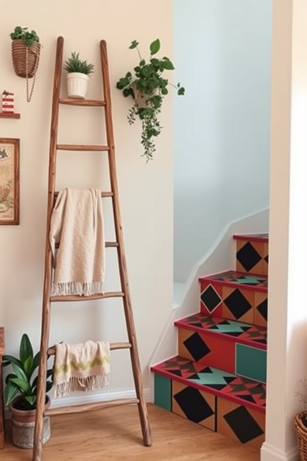 A vintage wooden ladder leans against a wall, adorned with potted plants and soft blankets draped elegantly. The ladder's rustic charm adds character to the space, while the surrounding decor features warm, muted tones that enhance the cozy atmosphere. The retro staircase showcases a blend of bold colors and geometric patterns, creating a striking focal point in the room. Each step is uniquely designed, inviting creativity and nostalgia while seamlessly integrating with the overall interior design.