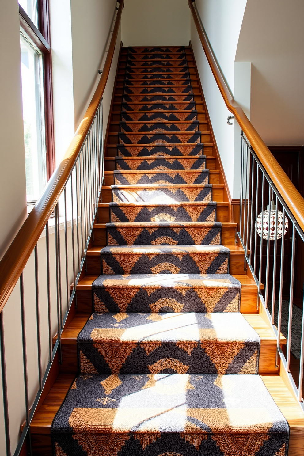 A stunning retro staircase featuring geometric patterned stair runners that add a vibrant touch to the overall design. The runners are in contrasting colors, creating a bold visual effect against the classic wooden staircase. The staircase is flanked by sleek metal railings that enhance the modern aesthetic. Natural light pours in from a nearby window, highlighting the intricate patterns of the runners and the rich texture of the wood.