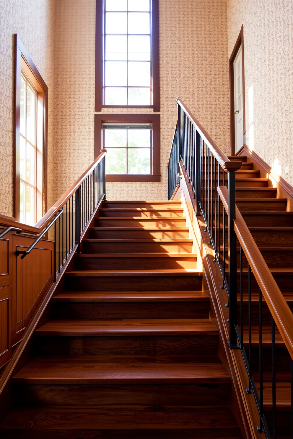 A stunning staircase featuring stained wood with mid-century accents. The treads are crafted from rich walnut, complemented by sleek metal railings and geometric balusters that evoke a sense of timeless elegance. The walls are adorned with retro-inspired wallpaper that adds a playful touch to the design. Natural light floods the space through a large window, highlighting the warm tones of the wood and creating an inviting atmosphere.