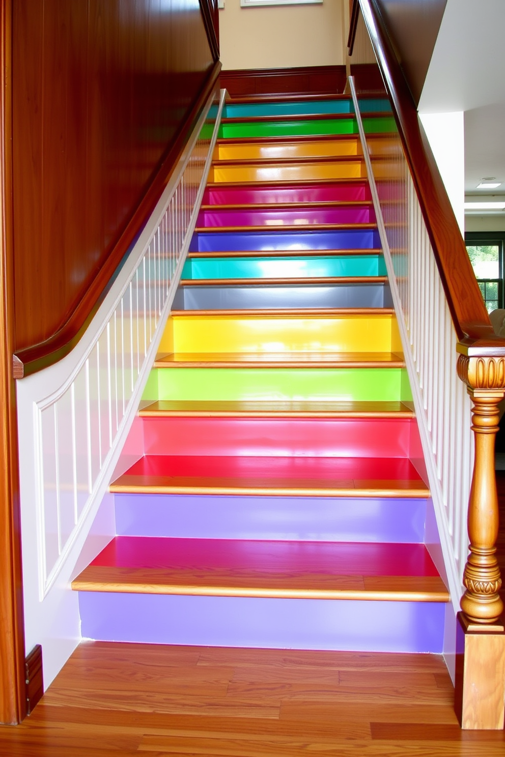 Brightly painted risers create a lively contrast against a classic wooden staircase. The vibrant colors enhance the retro aesthetic, making the staircase a focal point in the home.