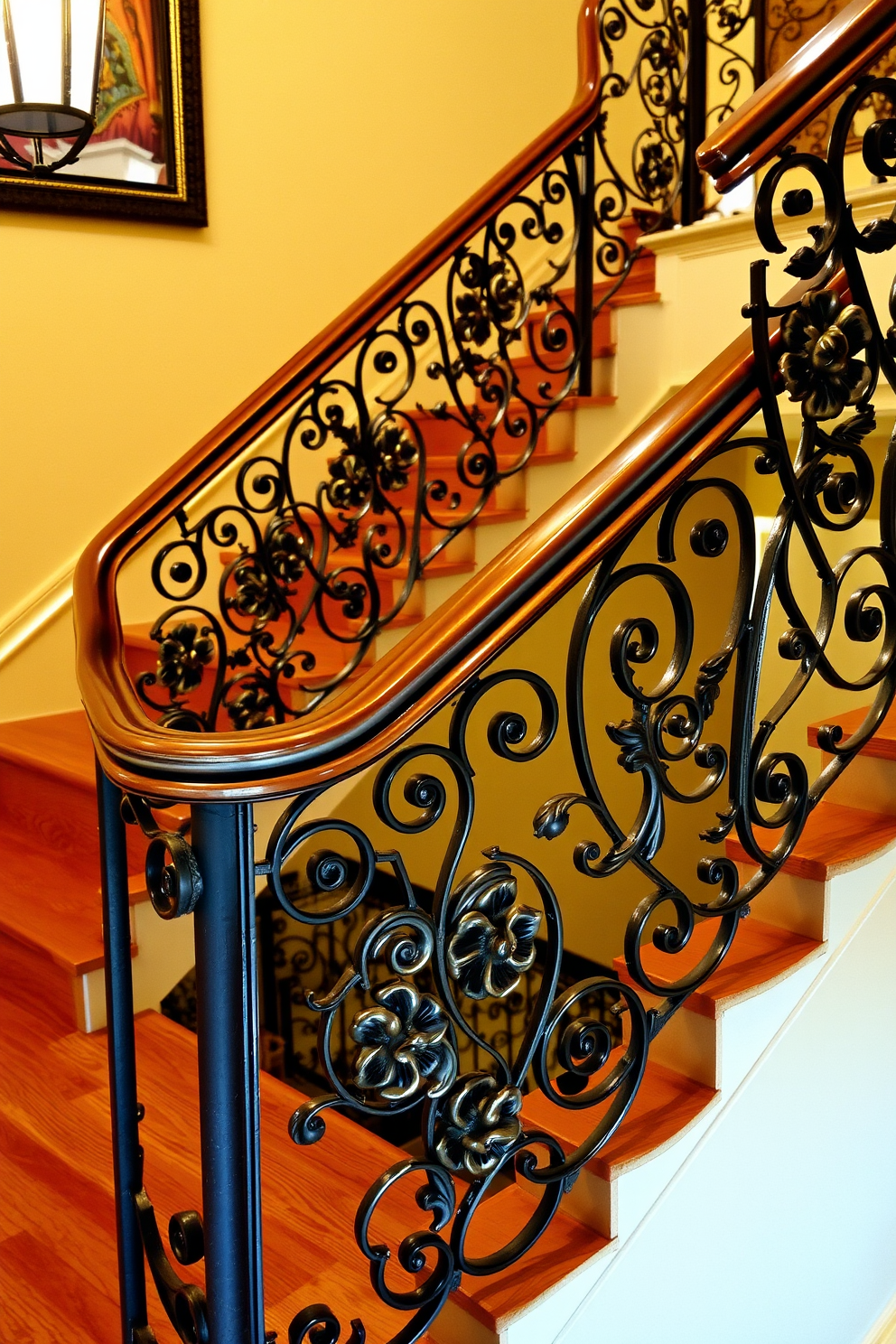 A vintage-inspired staircase features ornate wrought iron railings with intricate floral patterns. The staircase is complemented by warm wooden steps and a soft, ambient light that highlights the craftsmanship of the railing design.