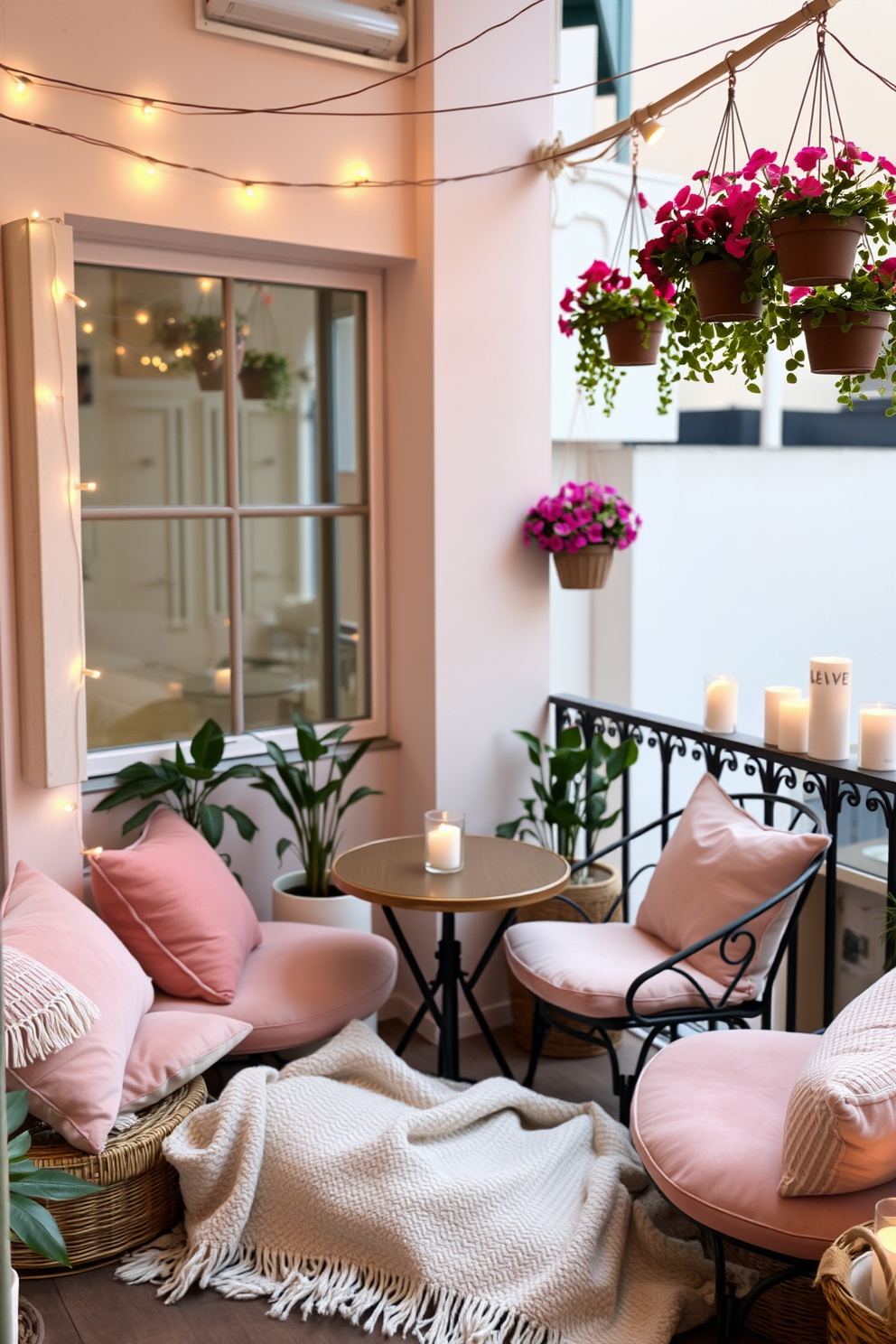 Cozy seating area adorned with plush cushions in soft pastel colors. The space features a small round table surrounded by comfortable chairs, draped with fairy lights for a warm ambiance. Romantic balcony setting perfect for Valentine's Day with hanging flower pots and candles. A soft throw blanket is casually placed over the seating, creating an inviting atmosphere for intimate moments.