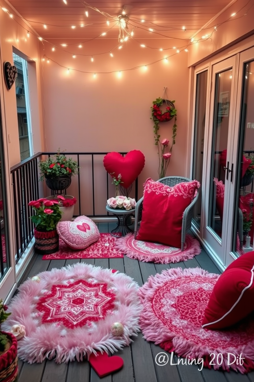 A cozy balcony adorned with decorative rugs that add warmth and comfort. Soft, plush textiles in shades of red and pink complement the romantic atmosphere, inviting relaxation. Delicate fairy lights twinkle overhead, casting a soft glow on the space. Heart-shaped pillows and floral accents enhance the Valentine's Day theme, creating an intimate setting for two.