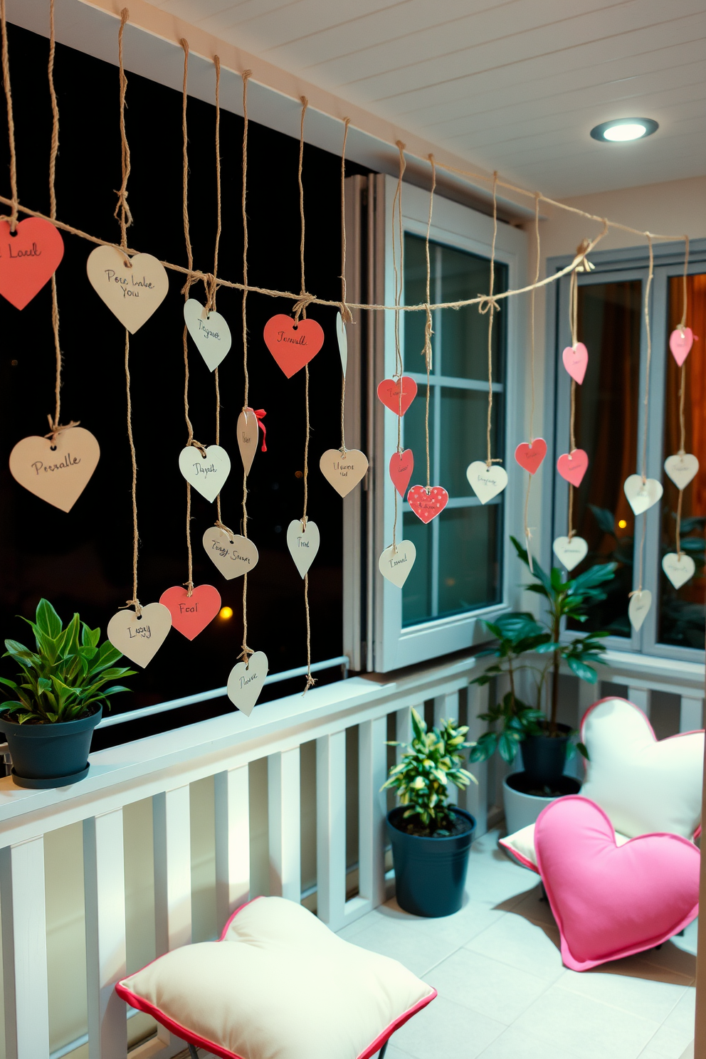 A charming balcony adorned with personalized love notes hanging from twine strings. Soft, ambient lighting creates a warm atmosphere, while potted plants and heart-shaped cushions add a romantic touch.