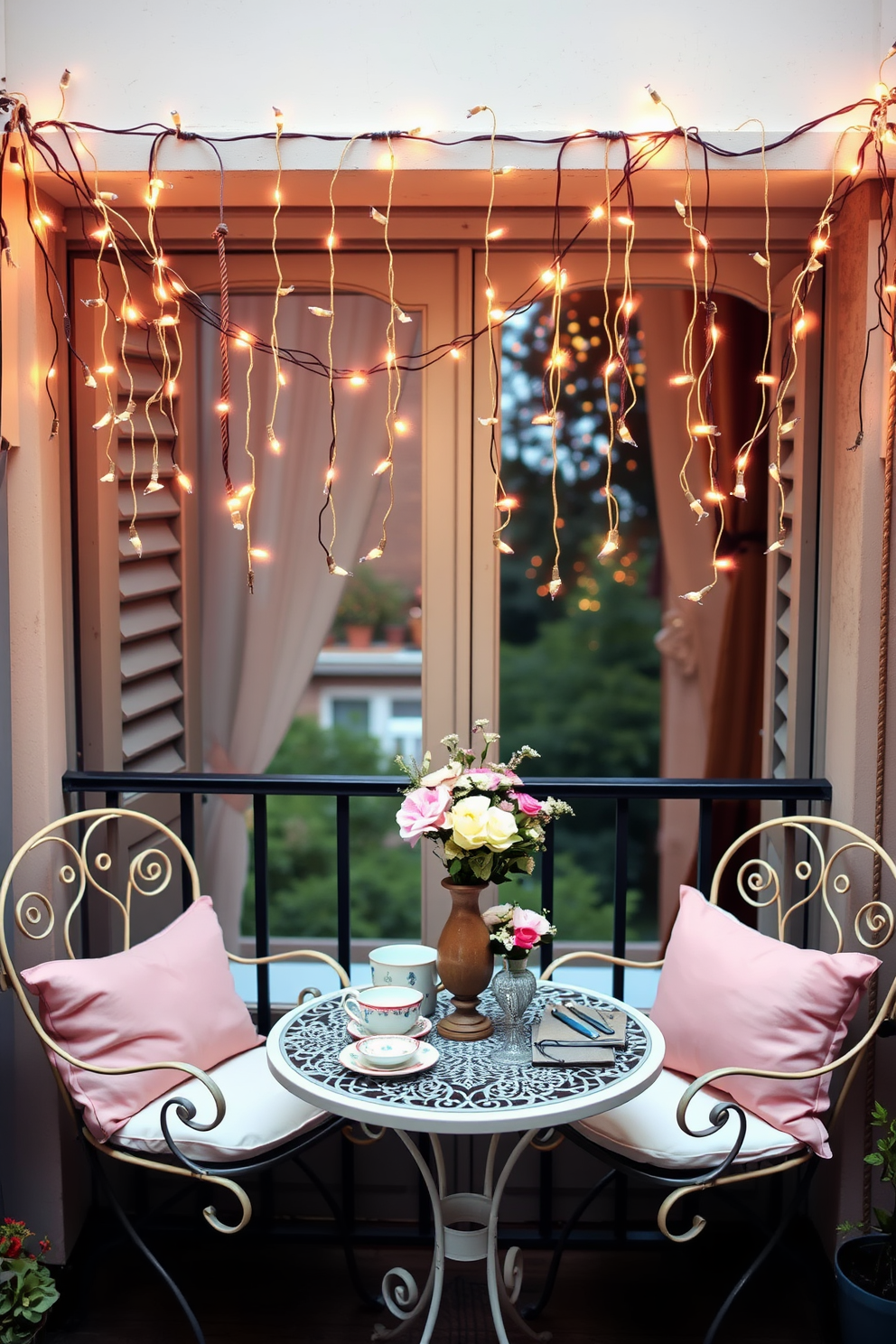 A charming balcony adorned with vintage-inspired decor pieces creates a whimsical atmosphere. Delicate fairy lights drape overhead, illuminating a small bistro table set for two with mismatched vintage china. Floral arrangements in antique vases add a touch of romance to the setting. Soft pastel cushions on wrought iron chairs invite guests to relax and enjoy the enchanting view.