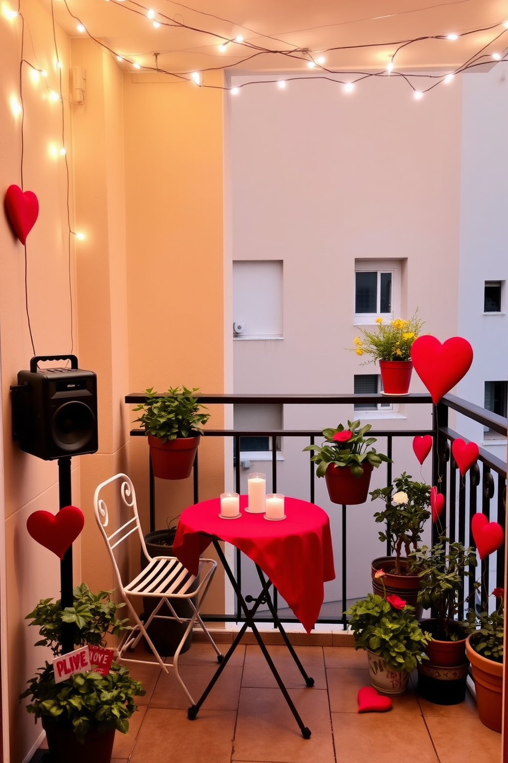 A cozy balcony setting adorned for Valentine's Day. A portable speaker plays soft romantic music while fairy lights twinkle overhead, creating an intimate atmosphere. The space features a small bistro table set for two, draped with a red tablecloth and adorned with candles. Potted plants and heart-shaped decorations add a touch of whimsy and love to the decor.