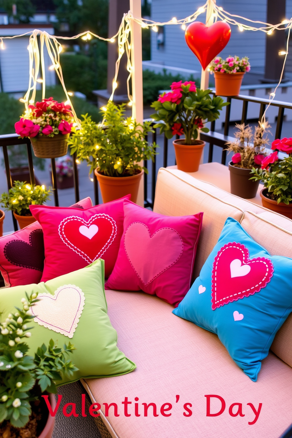 Colorful throw pillows adorned with heart motifs are scattered across a cozy outdoor sofa. The balcony is decorated with twinkling fairy lights and potted plants, creating a romantic ambiance for Valentine's Day.