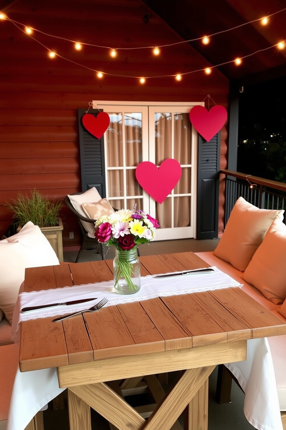 A rustic wooden table is set for a cozy dining experience. The table is adorned with a simple white tablecloth and a centerpiece of fresh flowers in a mason jar. The balcony is transformed into a romantic setting for Valentine's Day. String lights are hung above, and soft cushions are placed on the seating for added comfort.