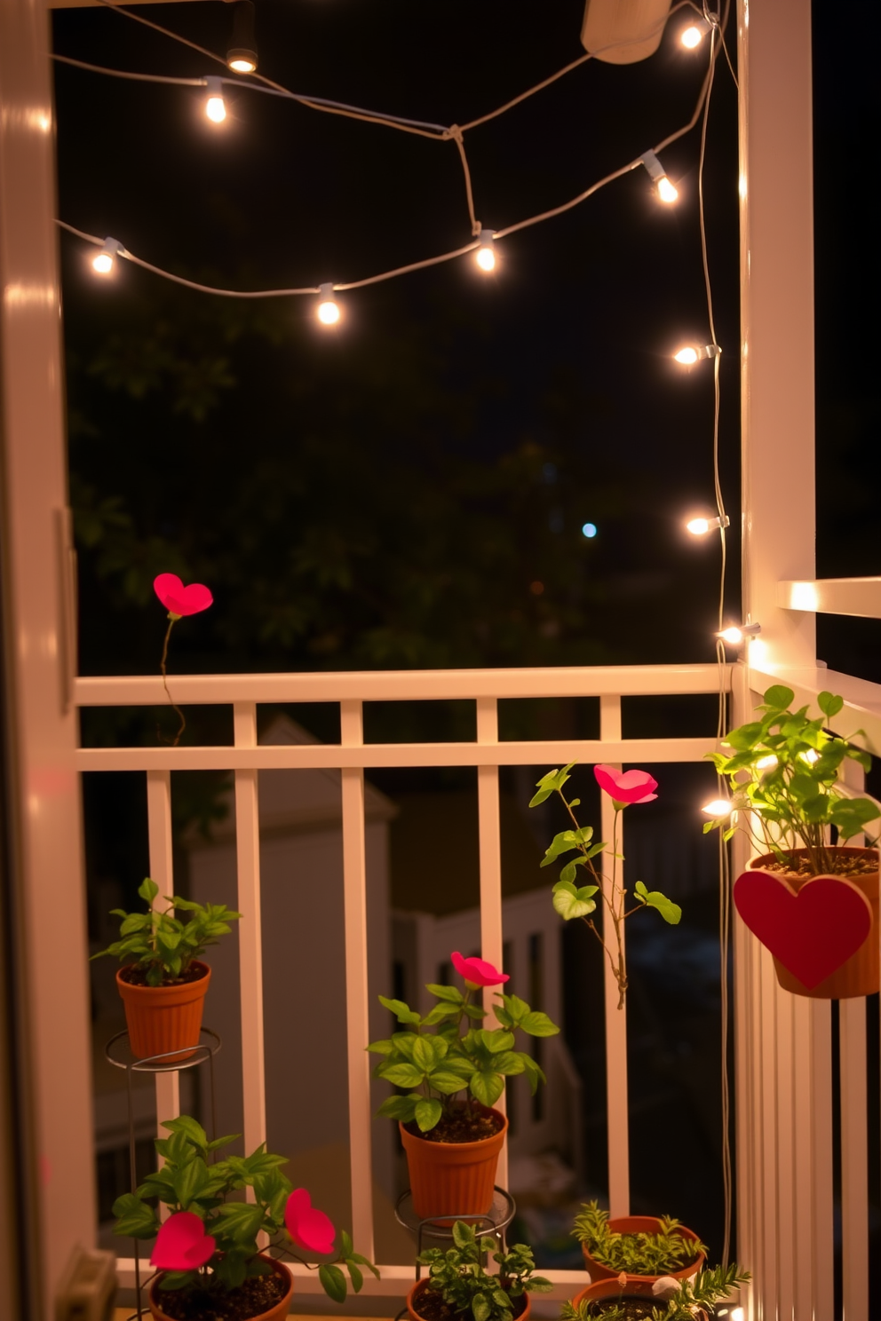 A romantic balcony setting adorned with miniature potted plants to bring in a touch of greenery. The space features soft lighting with string lights draped overhead, creating an intimate atmosphere perfect for Valentine's Day.