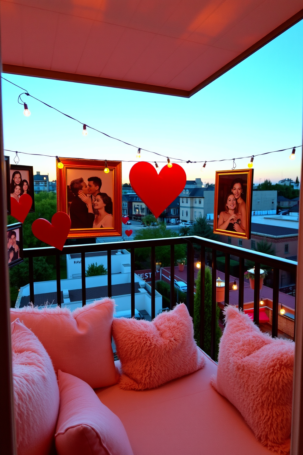 A romantic balcony setting adorned with framed photos of special memories. The balcony features a cozy seating area with plush cushions and soft lighting, creating an intimate atmosphere for Valentine's Day.